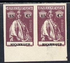 Mozambique 1914 Ceres imperf colour trial horiz proof pair in issued colours on ungummed paper, one stamp with large flaw in r/hand value tablet, most unusual, stamps on 