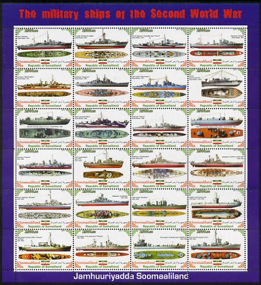 Somaliland 2011 Military Ships of WW2 #2 perf sheetlet containing 24 values unmounted mint, stamps on , stamps on  ww2 , stamps on militaria, stamps on ships