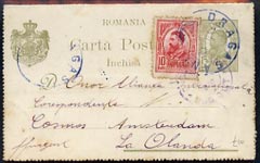 Rumania 1910 (circa) 15b green p/stat card to Amsterdam bearing additional 10b red tied Dragasan cds, some foxing, stamps on 