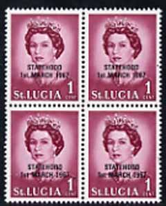 St Lucia 1967 unissued 1c with Statehood overprint in black, unmounted mint block of 4 with superb set-off on reverse, stamps on royalty
