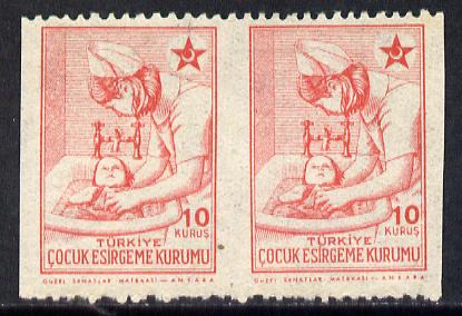Turkey 1943-44 Obligatory Tax 10c (Nurse Bathing Baby) unmounted mint horiz pair with vertical perfs omitted, SG T1342var, stamps on red cross    medical    nurses