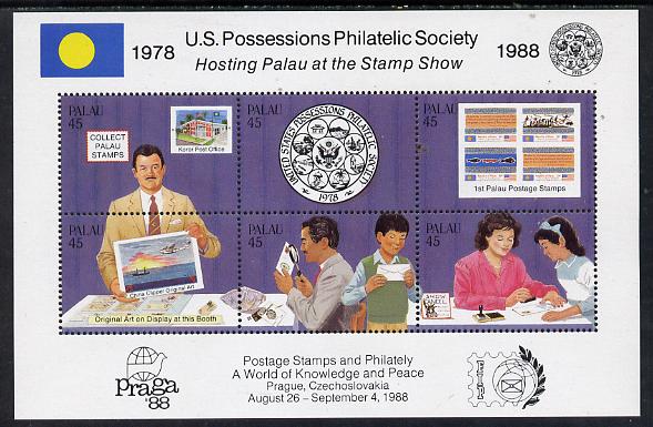 Palau 1988 'Praga 88' Stamp Exhibition (US Possessions Philatelic Society) m/sheet unmounted mint, SG MS 241, stamps on , stamps on  stamps on postal, stamps on stamp on stamp, stamps on  stamps on stamp exhibitions, stamps on  stamps on stamponstamp