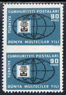 Turkey 1960 Refugee Year 90k unmounted mint pair imperf between, stamps on , stamps on refugees