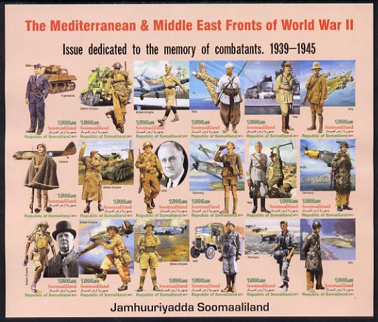 Somaliland 2011 The Mediterranean & Middle East Fronts of World War II #2 imperf sheetlet containing 18 values unmounted mint, stamps on militaria, stamps on  ww2 , stamps on aviation, stamps on tanks, stamps on ships, stamps on uniforms, stamps on churchill, stamps on roosevelt