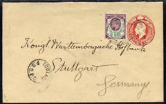 Great Britain 1905 KE7 p/stat envelope to Germany with additional 1.5d with HH PERFIN and fine Too Late FBCPO strike in black, flap missing but a most desireable cover, stamps on , stamps on  ke7 , stamps on 