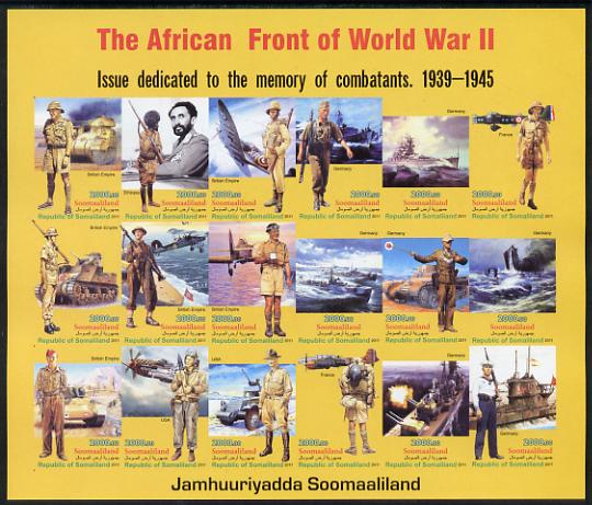 Somaliland 2011 The African Front of World War II #1 imperf sheetlet containing 18 values unmounted mint, stamps on militaria, stamps on  ww2 , stamps on aviation, stamps on tanks, stamps on ships