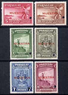 Paraguay 1942 4th Centenary of Asuncion perf set of 6 unmounted mint optd MUESTRA with security punch hole (ex ABN Co archives) SG 572-77, stamps on 