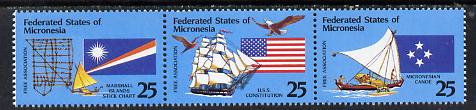Micronesia 1990 Free Association strip of 3 (Birds, Ships & Flags) unmounted mint SG 198a, stamps on birds, stamps on birds of prey, stamps on flags, stamps on ships