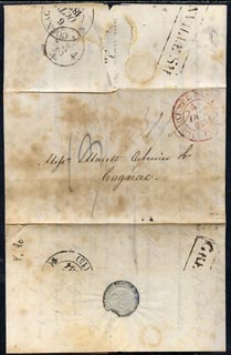Great Britain 1834 pre-stamp entire London to Congnac (torn on opening) with str/line Grenville St & Cognac cds on back., stamps on 