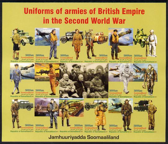 Somaliland 2011 Uniforms of Armies of the British Empire in World War II imperf sheetlet containing 16 values unmounted mint, stamps on militaria, stamps on  ww2 , stamps on aviation, stamps on uniforms, stamps on churchill, stamps on roosevelt, stamps on tanks, stamps on trucks