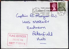 Great Britain 1974 cover from Flag Officer, First Flotilla, Portsmouth, Royal Coat of Arms on reverse (Military Mail), stamps on 