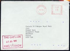 Great Britain 1985 cover from HMS Vernon to Surrey, with Royal Coat of Arms on flap (Military Mail), stamps on 