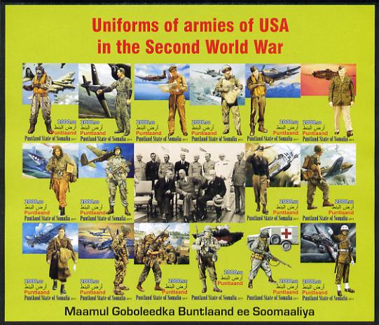 Somaliland 2011 Uniforms of Armies of the USA in World War II imperf sheetlet containing 16 values unmounted mint, stamps on militaria, stamps on  ww2 , stamps on aviation, stamps on uniforms, stamps on churchill, stamps on roosevelt, stamps on tanks, stamps on trucks