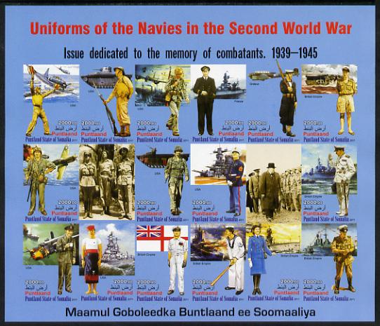 Somaliland 2011 Uniforms of the Navies in World War II #1 imperf sheetlet containing 18 values unmounted mint, stamps on , stamps on  stamps on militaria, stamps on  stamps on  ww2 , stamps on  stamps on aviation, stamps on  stamps on uniforms, stamps on  stamps on churchill, stamps on  stamps on baseball, stamps on  stamps on tanks, stamps on  stamps on ships