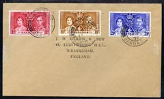 Barbados 1937 KG6 Coronation set of 3 on cover with first day cancel addressed to the forger, J D Harris.  Harris was imprisoned for 9 months after Robson Lowe exposed hi..., stamps on , stamps on  kg6 , stamps on forgery, stamps on forger, stamps on forgeries, stamps on coronation