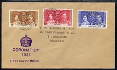 Gambia 1937 KG6 Coronation set of 3 on cover with first day cancel addressed to the forger, J D Harris.  Harris was imprisoned for 9 months after Robson Lowe exposed him ..., stamps on , stamps on  kg6 , stamps on forgery, stamps on forger, stamps on forgeries, stamps on coronation