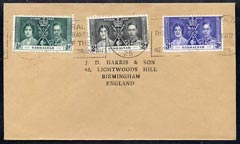 Gibraltar 1937 KG6 Coronation set of 3 on cover with first day cancel addressed to the forger, J D Harris.  Harris was imprisoned for 9 months after Robson Lowe exposed h..., stamps on , stamps on  kg6 , stamps on forgery, stamps on forger, stamps on forgeries, stamps on coronation