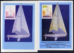St Vincent 1988 Racing Yachts imperf proof in magenta and blue only of m/sheet on plastic card (Cromalin) plus issued m/sheet, ex Format International archives, stamps on , stamps on  stamps on st vincent 1988 racing yachts imperf proof in magenta and blue only of m/sheet on plastic card (cromalin) plus issued m/sheet, stamps on  stamps on  ex format international archives