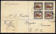 Cook Islands - Aitutaki 1931 reg cover to USA bearing 1920 block of 4 x 6d (SG 28 cat 6 x 4 on cover) reg label canc 27 Oct 31, stamps on 