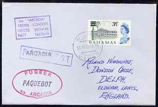 Bahamas used in Kobe (Japan) 1968 Paquebot cover to England carried on SS Arcadia with various paquebot and ships cachets, stamps on paquebot