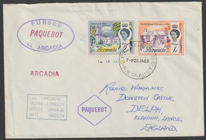 Bermuda used in Sydney (New South Wales) 1968 Paquebot cover to England carried on SS Arcadia with various paquebot and ships cachets, stamps on paquebot