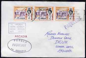 Bermuda used in Melbourne (Victoria) 1968 Paquebot cover to England carried on SS Arcadia with various paquebot and ships cachets, stamps on paquebot