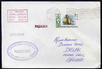 Norfolk Island used in Honolulu (Hawaii) 1968 Paquebot cover to England carried on SS Arcadia with various paquebot and ships cachets, stamps on paquebot