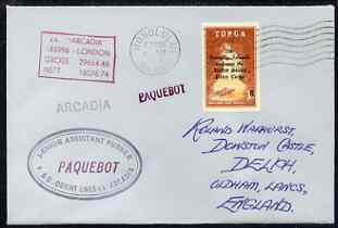 Tonga used in Honolulu (Hawaii) 1968 Paquebot cover to England carried on SS Arcadia with various paquebot and ships cachets, stamps on paquebot