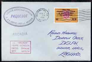 Tonga used in Wilmington (California) 1968 Paquebot cover to England carried on SS Arcadia with various paquebot and ships cachets, stamps on paquebot