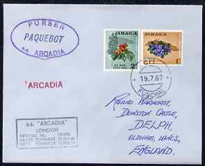 Jamaica used in Funchal (Portugal) 1967 Paquebot cover to England carried on SS Arcadia with various paquebot and ships cachets, stamps on paquebot