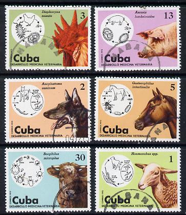 Cuba 1975 Veterinary Medicine cto set of 6, SG 2248-53*, stamps on animals, stamps on dogs, stamps on farming, stamps on horses, stamps on medical, stamps on vets, stamps on sheep, stamps on ovine, stamps on cockerel, stamps on pigs, stamps on swine, stamps on ox, stamps on bovine, stamps on insects