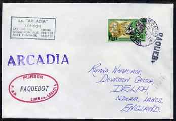 Fiji used in Lisbon (Portugal) 1969 Paquebot cover to England carried on SS Arcadia with various paquebot and ships cachets, stamps on paquebot