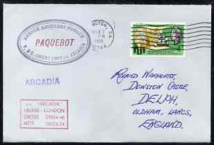 Fiji used in Wilmington (California) 1968 Paquebot cover to England carried on SS Arcadia with various paquebot and ships cachets, stamps on paquebot