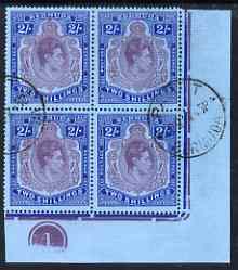 Bermuda 1938-53 KG6 2s (Mar 44 ptg ?) fu plate block of 4 (stamps 47-8, 59-60) showing head plate variety on stamp 47 (cds of 2 Mar 45), stamps on , stamps on  kg6 , stamps on 