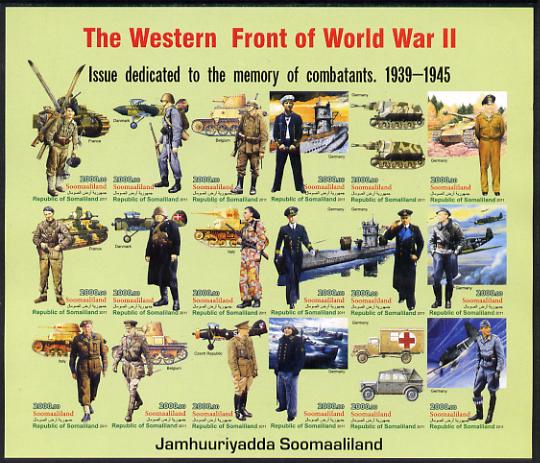 Somaliland 2011 The Western Front of World War II #2 imperf sheetlet containing 18 values unmounted mint, stamps on militaria, stamps on  ww2 , stamps on aviation, stamps on tanks, stamps on 