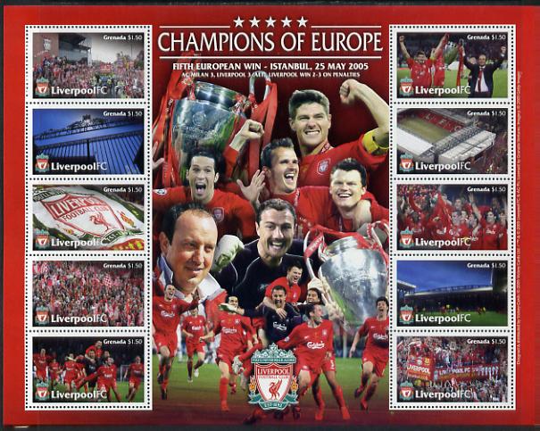 Grenada 2005 Liverpool Football Club - Champions of Europe perf sheetlet containing 10 values unmounted mint, SG 5131-40, stamps on football