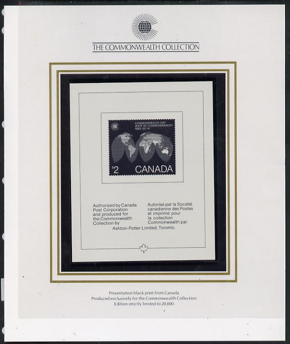 Canada 1983 Commonwealth Day Presentation black print specially authorised for the Commonwealth Collection and limited to just 20,000 in folder, stamps on maps