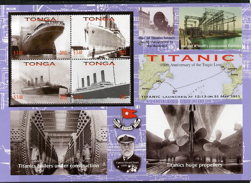 Tonga 2012 Titanic large perf sheetlet containing 4 values unmounted mint , stamps on ships, stamps on titanic, stamps on disasters, stamps on maps