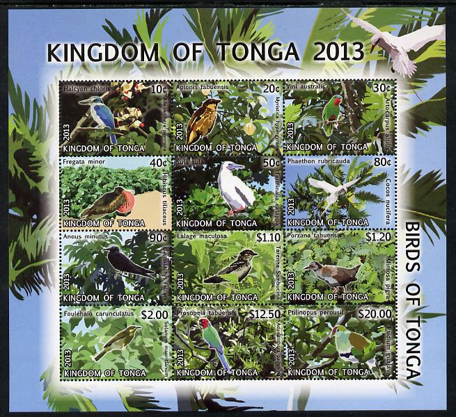 Tonga 2013 Birds #2 definitive perf sheetlet containing set of 12 values unmounted mint , stamps on birds, stamps on parrots, stamps on kingfishers
