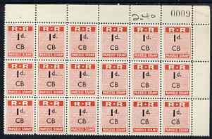 Northern Rhodesia 1951-68 Railway Parcel stamp 1d (small numeral) overprinted CB (Chisamba) fine unmounted mint corner block of 18 with sheet number, stamps on 