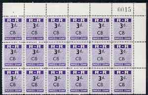 Northern Rhodesia 1951-68 Railway Parcel stamp 3d (small numeral) overprinted CB (Chisamba) fine unmounted mint corner block of 18 with sheet number, stamps on 