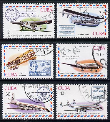 Cuba 1977 Cuban Air Mail Anniversary cto set of 6 (Stamp on Stamp), SG 2405-10*, stamps on aviation    stamp on stamp    postal, stamps on stamponstamp