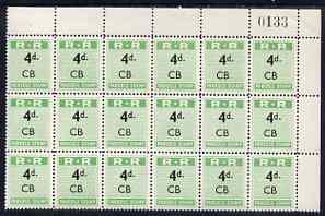 Northern Rhodesia 1951-68 Railway Parcel stamp 4d (small numeral) overprinted CB (Chisamba) fine unmounted mint corner block of 18 with sheet number, stamps on 