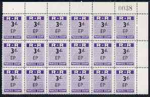 Northern Rhodesia 1951-68 Railway Parcel stamp 3d (small numeral) overprinted EP (Pemba) fine unmounted mint corner block of 18 with sheet number, stamps on , stamps on  stamps on northern rhodesia 1951-68 railway parcel stamp 3d (small numeral) overprinted ep (pemba) fine unmounted mint corner block of 18 with sheet number