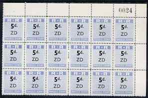 Northern Rhodesia 1951-68 Railway Parcel stamp 5d (small numeral) overprinted ZD (Zimba) fine unmounted mint corner block of 18 with sheet number, stamps on , stamps on  stamps on northern rhodesia 1951-68 railway parcel stamp 5d (small numeral) overprinted zd (zimba) fine unmounted mint corner block of 18 with sheet number