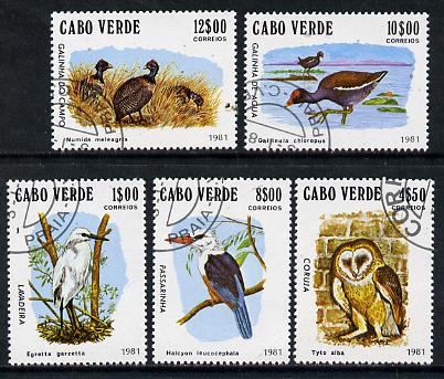 Cape Verde Islands 1981 Birds (Kingfisher, Owl etc) complete set of 5 cto used SG 512-16*, stamps on birds   kingfisher    owls    birds of prey    egret    moorhen      guineafowl