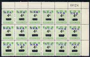 Northern Rhodesia 1951-68 Railway Parcel stamp 4d (small numeral) handstamped NKA (Nkana Kitwe) on HRD (Hunters Road) fine unmounted mint corner block of 18 with sheet number, stamps on 