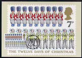 Great Britain 1977 QEII Christmas 7p PHQ card (12 Lords & 11 Ladies) with error of text (7 swans & 8 maids) used with Bureau cancel, stamps on 