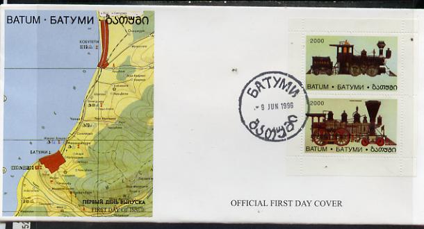Batum 1996 Early Railway Locos perf sheetlet containing perf set of 2 values on official cover with first day of issue cancel, stamps on railways