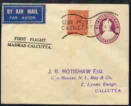 India 1934 first flight cover Madras to Calcutta, stamps on 